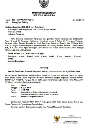 Sidang PHP Pilkada Kerinci Digelar Kamis Ini