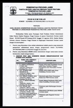 Ini Peserta Lelang Jabatan Eselon II Pemprov Jambi yang Dinyatakan Lulus Administrasi