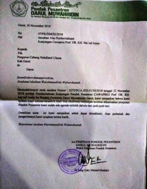 Pengurus Ponpes Ada Acara, Ma’ruf Batal Kunjungan ke Ponpes Darul Muwahhidin Garut