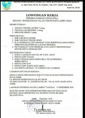 Lowongan Kerja: Dinas Perumahan Rakyat dan Kawasan Pemukiman Kota Jambi Cari Pekerja Harian Lepas