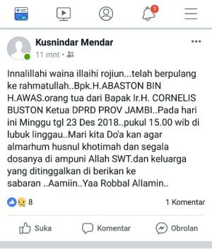 Ayahanda dari Ketua DPRD Provinsi Jambi Meninggal Dunia   