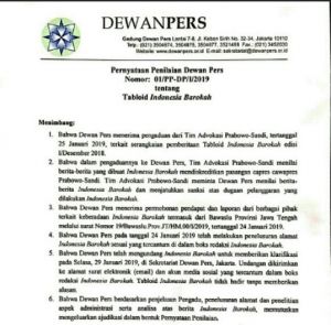 Dewan Pers Putuskan Tabloid Indonesia Barokah Bukan Perusahaan Pers
