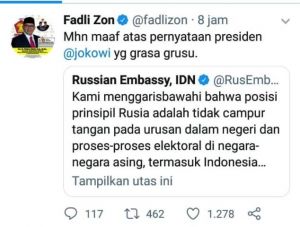 Balas Tweet Kedubes Rusia dengan Minta Maaf, Fadli Zon: Jokowi Grasa Grusu