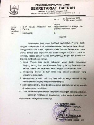 Sebut ISPU Masih Sedang, Hari Ini Pemprov Jambi juga Liburkan Siswanya Satu Hari