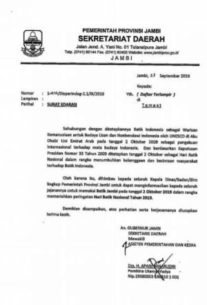 Besok 2 Oktober, Seluruh Pegawai di Pemprov Jambi Diminta Kenakan Batik