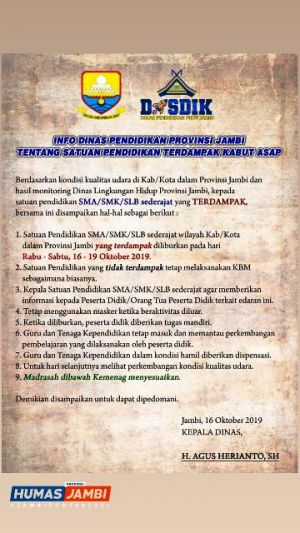 Kualitas Udara Berbahaya, Pemprov Jambi Liburkan SMA/SMK Sederajat Selama 3 Hari