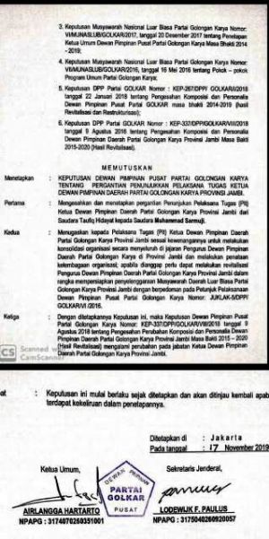 BREAKING NEWS: Sarmuji Gantikan Taufik Pimpin Plt  Ketua Golkar Jambi