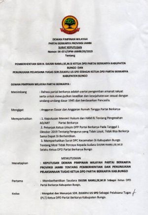 Ketua DPD Partai Berkarya Bungo Diberhentikan, DPW Tunjuk Zulkifli US sebagai Plt