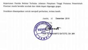 Pengumuman Tiga Besar Lelang Jabatan Eselon II Pemprov Jambi Diduga Ada Kejanggalan