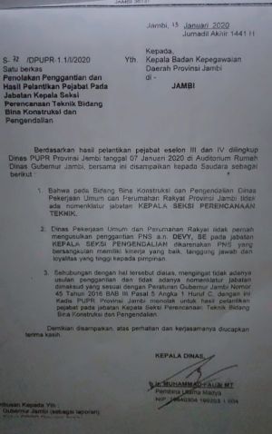 Waduh..Kadis PUPR Provinsi Jambi Tolak Hasil Pelantikan Pejabat Eselon III dan IV 
