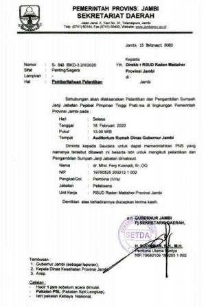Surat Undangan ke Dr Fery Kusnadi Untuk Dilantik Jadi Direktur RSUD Raden Mattaher Beredar