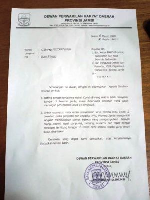 Antisipasi COVID-19, DPRD Provinsi Jambi Batalkan Agenda yang Libatkan Banyak Orang