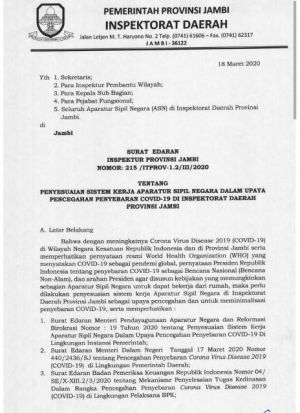Cegah Penyebaran Covid 19, ASN Inspektorat Provinsi Jambi Mulai Bekerja dari Rumah