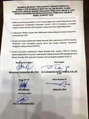 Resmi, DPR RI Setujui Penundaan Pelaksanaan Pilkada Serentak 2020