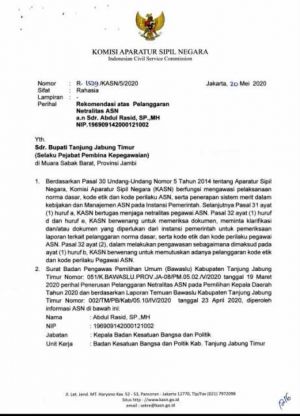 KASN Sanksi Kaban Kesbangpol Tanjabtim Disiplin Sedang