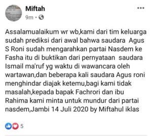 NasDem Dukung Fasha, Tim Keluarga Minta Fachrori dan Rahima Mundur