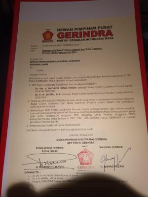 BREAKING NEWS: Beredar Surat Dukungan Gerindra ke Fachrori-Safrial, Ini Kata Gerindra Jambi
