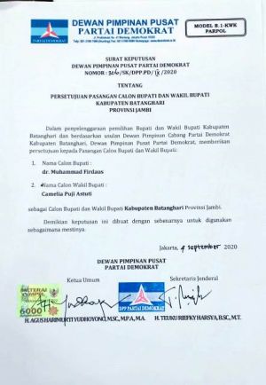 Beredar Dukungan Demokrat Sudah Berganti Usung Firdaus-Camelia di Pilbup Batanghari