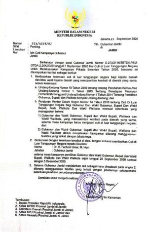 Gubernur Jambi Terima Surat Izin Cuti Dari Mendagri