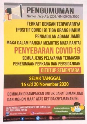 Tiga Hakim Terpapar Covid-19, PA Jambi Ditutup Sementara