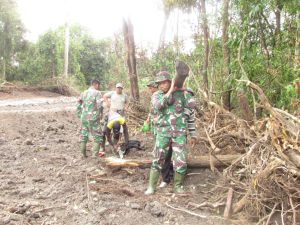 Mayor Inf Beni Turun Langsung Pikul Batang Pohon di Lokasi TMMD