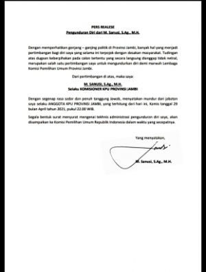 Beredar Surat Pengunduran Diri Komisioner KPU Provinsi Jambi