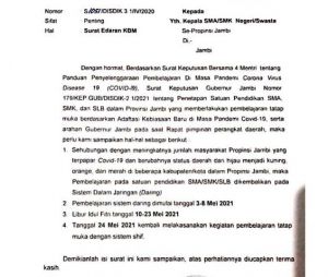 BREAKING NEWS : Sekolah Tatap Muka SMA/SMK/SLB di Jambi Kembali Distop
