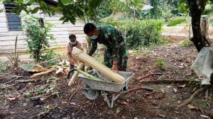 Satgas TMMD Bantu Warga Bawa Kedebok Pisang Untuk Pakan Ternak