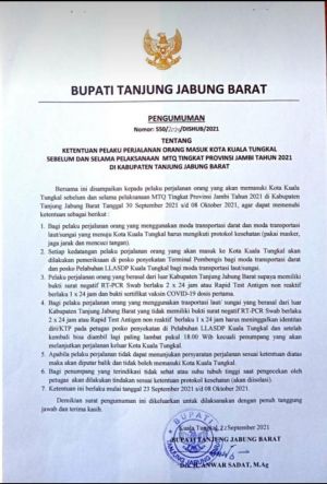 Mau Nonton MTQ Di Tanjabbar, Wajib Sudah Vaksin Dan Tunjukkan Hasil Swab