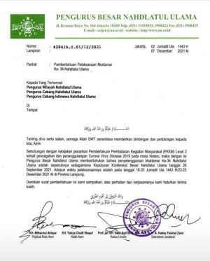 Sempat Ditunda Efek Status PPKM Level III, Mukhtamar NU Ke-34 Tetap Digelar Akhir Desember Ini