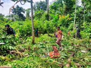 Tingkatkan Kemanunggalan TNI Dan Rakyat, Prajurit Satgas Yonif R 142 Bantu Warga Berkebun