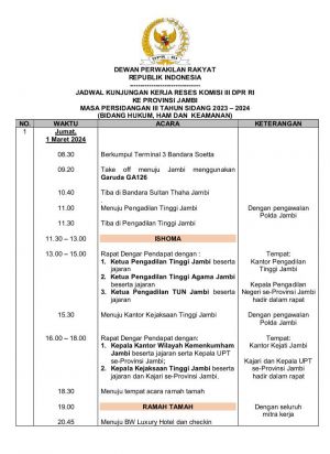 Di Agendakan ke Jambi, Berikut ini Jadwal Kunker Komisi III DPR RI