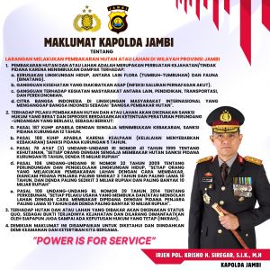 Maklumat Kapolda Jambi Bagi Pelaku Pembakaran Hutan dan Lahan