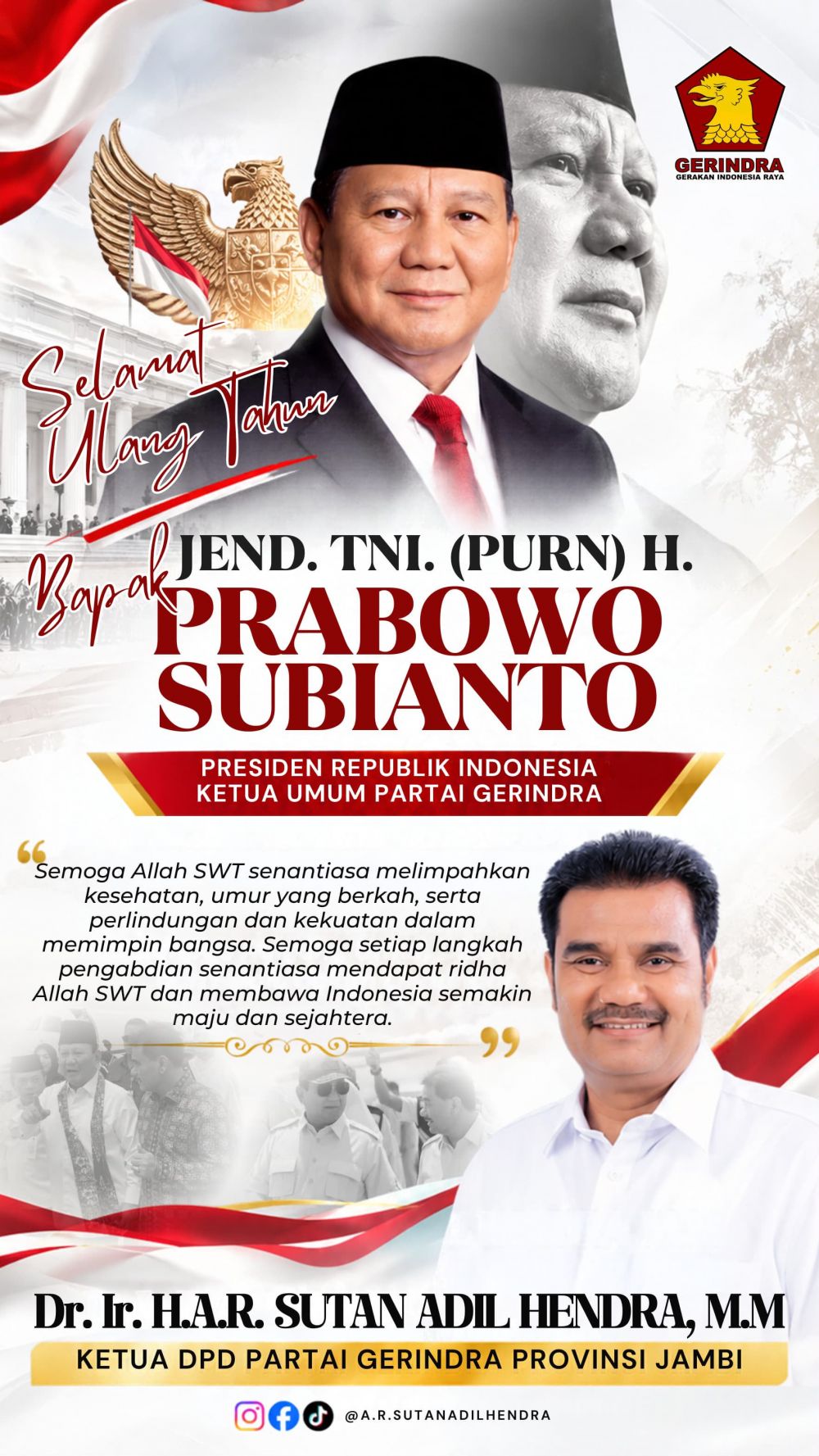 SAH Ucapkan Selamat Ulang Tahun kepada Presiden Prabowo Subianto, Doakan Indonesia Semakin Maju